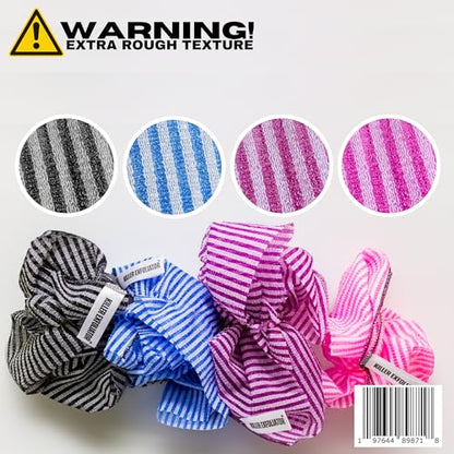 Premium Extra-Rough Japanese Exfoliating Body Scrubber: Extra Long, Hygienic, Body Scrubber Exfoliator for Men & Women - 4 Count Pack (Black, Blue, Purple & Pink)