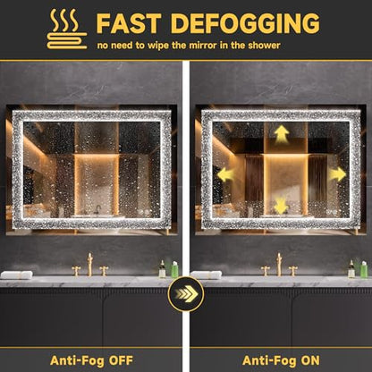 WINNICE 32" x 24" LED Diamond Wall Mirror, Dim & Anti-Fog | Crystal glass, dimmable & anti-fog, mounts vertical/horizontal, ideal for bathroom, bedroom, living room. - size: 24"L x 32"W