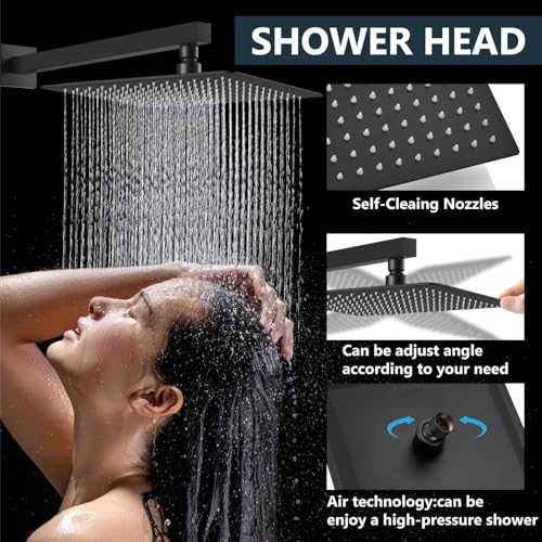 Aolemi Shower Faucet Set with Handheld Matte Black 16 Inch Head | Pressure Balance Shower Valve and Trim Kit,SUS304 Rain Head and Handle System,All Metal,Wall Mount,Bathroom,Handheld Spray - color: Black, size: 16 Inch Wall Mount Shower Head