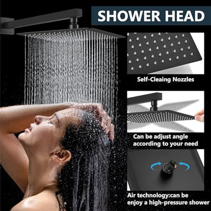 Aolemi Shower Faucet Set with Handheld Matte Black 16 Inch Head | Pressure Balance Shower Valve and Trim Kit,SUS304 Rain Head and Handle System,All Metal,Wall Mount,Bathroom,Handheld Spray - color: Black, size: 16 Inch Wall Mount Shower Head