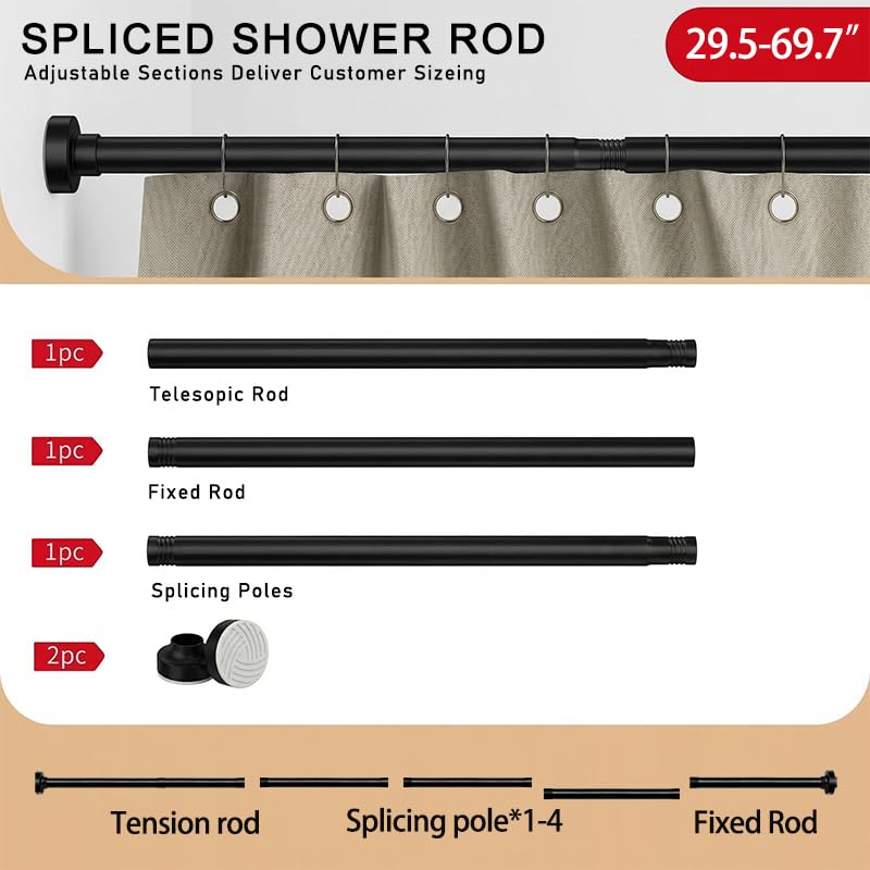 Matte Black Adjustable Shower Curtain Rod 1 Inch Diameter 29.5"-69.7" Inches - No Drill Tension Rod with Anti-Slip ABS Base, Stainless Steel Spring & Rust-Resistant Coating
