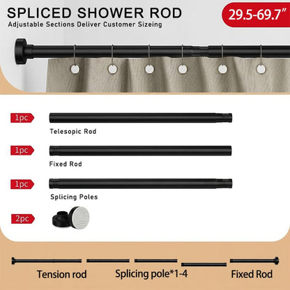 Matte Black Adjustable Shower Curtain Rod 1 Inch Diameter 29.5"-69.7" Inches - No Drill Tension Rod with Anti-Slip ABS Base, Stainless Steel Spring & Rust-Resistant Coating