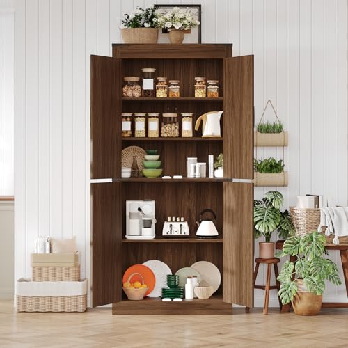 GarveeHome 71 in Tall Farmhouse Kitchen Pantry Storage Cabinet with 4 Barn Doors and Adjustable Shelves, Freestanding Rustic Wood Cupboard Storage Cabinets for Kitchen, Dining Room, Bathroom, Brown