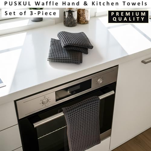 PÜSKÜL Natural 100% Turkish Cotton Waffle Hand and Kitchen Towels Set of 3 | Dark Gray, Large 32x16 inc, Honeycomb-Waffle weave towel for bathroom & kitchen. Premium quality oeko-tex made in Turkey. - color: Anthracite Dark Gray, size: Kitchen & Hand Towe