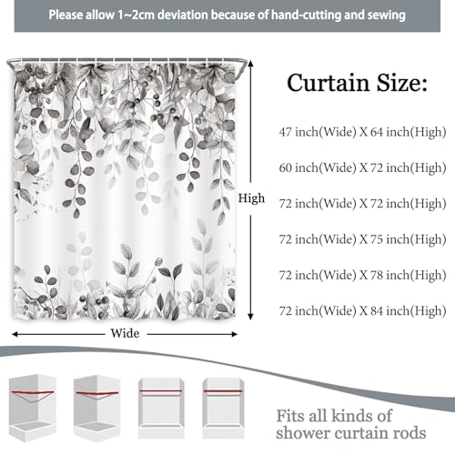 Long Gray Eucalyptus Shower Curtain 72X78 Inch, Black and White Watercolor Plants Leaves Tall Bathroom Curtains, Botanical Foliage Waterproof Fabric Cloth Shower Curtain Set with Hooks - color: Black, size: 72"W x 78"L (Pack of 1)