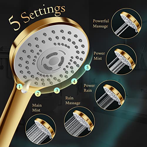 Shower Head,12'' Rain Shower Head with 11'' Extension Arm,Brushed Gold | 5 Settings High Pressure Handheld Shower Head Combo,Adjustable Powerful Shower Spray Against Low Pressure Water - color: Gold, size: 12" Showerhead Set
