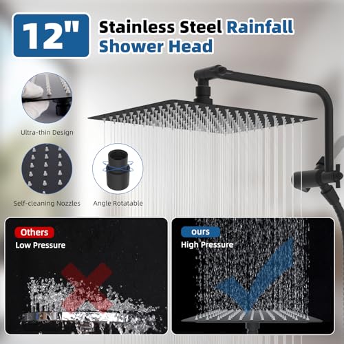 12" Metal Rainfall Shower Head with 10-Mode Handheld, Matteblack | NSF/ANSI/CAN 372 Certified, High Pressure Showerhead Combo with 11" Adjustable Shower Arm, 71" Hose, Shower Head Holder - color: Matte Black, style: Square 12"