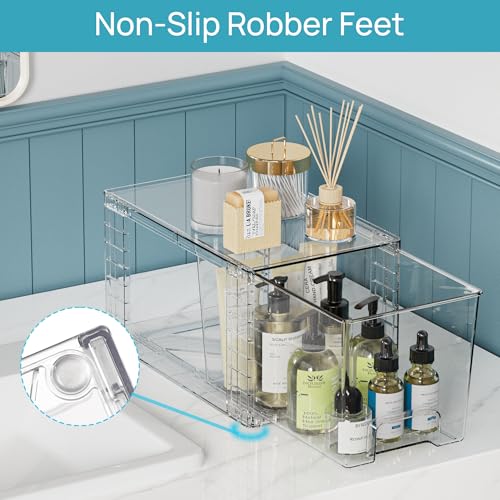 Vtopmart 3 Pack Clear Stackable Storage Drawers,Easy to Assemble Bathroom Organizers and Storage with handles,Plastic Drawers for Kitchen Pantry,Cabinet,Under Sink Organization | Tall, Medium and Small Pull-Out PET Drawers with Stackable Design for Bathro