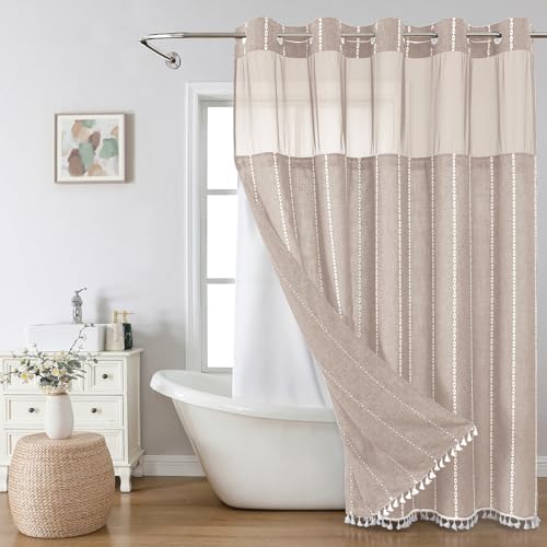 eachope Boho Farmhouse No Hook Shower Curtain Set with Snap-in Fabric Liner,Heavy-Duty Linen Textured Rustic Striped Design,Water-Repellent with Tassels and Sheer Window,Tan/Taupe,71x74 - color: Taupe, size: 71"W x 74"L (Pack of 1)