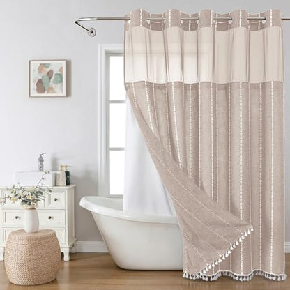 eachope Boho Farmhouse No Hook Shower Curtain Set with Snap-in Fabric Liner,Heavy-Duty Linen Textured Rustic Striped Design,Water-Repellent with Tassels and Sheer Window,Tan/Taupe,71x74 - color: Taupe, size: 71"W x 74"L (Pack of 1)