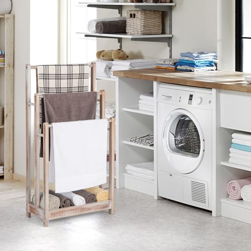 Giantex 3 Tier Free Standing Towel Rack with Storage Shelf, Light Brown | Wood Bath Towel Drying Stand, Blanket Holder for Living Room, Laundry, Bathroom, Poolside, 18" L x 9" W x 34" H - color: Light Brown