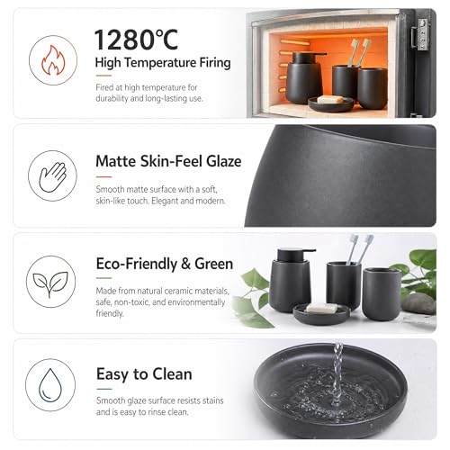 Ceramic Bathroom Accessories Set, foaming soap Dispenser,Bathroom soap and Toothbrush Holder Set,4 Piece with Soap Dispenser, Soap Dish, Toothbrush Holder and Cup, Grey