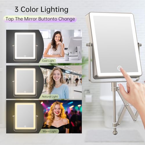 FASCINATE 8.7" 5000mAh Rechargeable Wall Mounted Makeup Mirror (Nickel) | Double Sided Touch Switch 1X 30X Magnifying Bathroom Mirror, 3 Color Lights, Extended Arm 360°Rotation - color: Nickel B