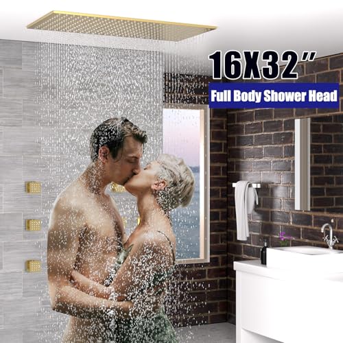 16"X32" Luxury High Pressure Rain Shower Head, Ceiling Mount Rectangle Rainfall Showerhead with Silicone Nozzles Full Body Fixed Showerheads For Modern Bathroom, Brushed Gold Plated Finish - color: Brushed Gold, style: Rainfall(One Function)