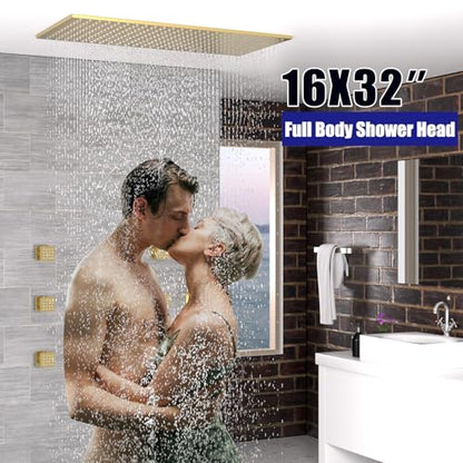 16"X32" Luxury High Pressure Rain Shower Head, Ceiling Mount Rectangle Rainfall Showerhead with Silicone Nozzles Full Body Fixed Showerheads For Modern Bathroom, Brushed Gold Plated Finish - color: Brushed Gold, style: Rainfall(One Function)