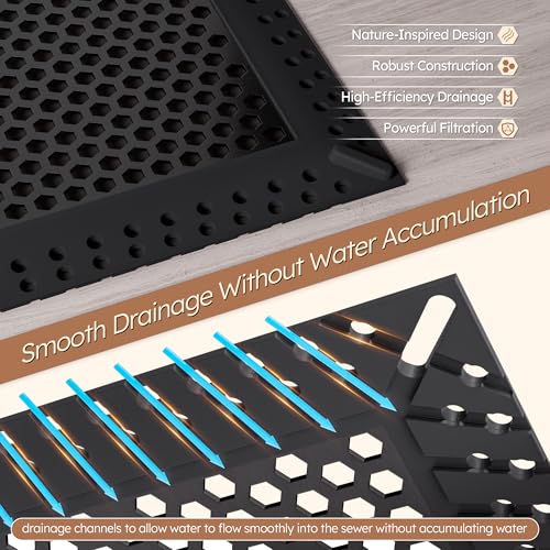 Square Shower Drain Hair Catcher, Drain Cover, Not Moving, 6 inch | 304 Stainless Steel and TPE Material/ Efficient Drainage / Easy Clean / Anti-Clogging / Fits Bathroom Hair Catcher for Shower - color: Matte Black, size: 6 inch