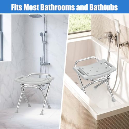 Folding Shower Chair Seat, 17.5" Stainless Steel Small Shower Chair for Inside Shower with Pad, 400lbs Portable Travel Shower Stool, Safety Anti-Slip Bath Chair for Seniors, Disabled, Gray