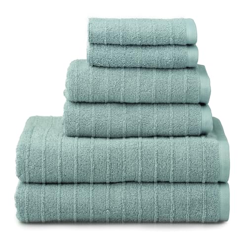 Welhome James 100% Cotton Towel Set of 6 - Textured Stripe Towels for Bathroom - 6 Piece Set of 2 Bath Towels, 2 Hand Towels, 2 Washcloths, Soft & Absorbent, Mineral Blue - color: Mineral, size: 6 Piece Towel Set
