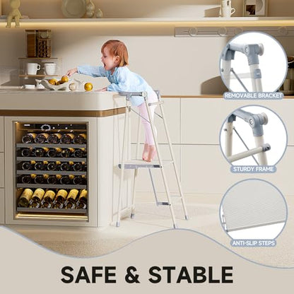 Foldable Toddler Tower, 2-in-1 Alloy Steel Kids Kitchen Step Stool & Adult 2-Step Ladder, Folding Kitchen Tower with Removable Safety Rail, Anti-Slip Steps for Kitchen & Bathroom - color: Cool Gray & Ivory