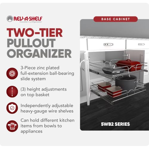Rev-A-Shelf Pullout Organizer for Cabinets, Min Opening Width of 24" | Two-Tier Steel Shelf for Kitchen or Vanity Cabinet Organization, Heavy Gauge Wire Slide Out Storage Basket, 5WB2-2422-CR-1 - size: 24" W x 22"D, style: Two Tier