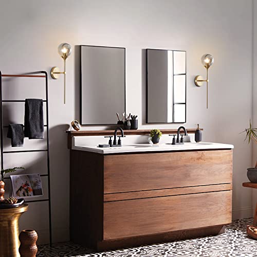 KCO 2 Pack Mid Century Modern Brass Gold Smoke Gray Glass Globe Wall Sconce | E26 Hardwired, Up/Down Mounted, Long Linear Rod, Farmhouse Wall Light Fixture for Bedroom Bathroom Hallway Living Dining Room - color: Smoke Grey