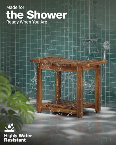 Bluewest 23.4 Inch Shower Bench with Storage Shelf, Natural Wood and Handle | Waterproof Bathroom Spa Bench for Sitting Inside the Shower and Shaving Legs, with a Built-In Handle and Shower Head Holder. - size: 2 Tier - Natural
