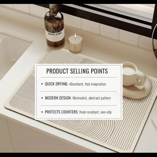 Super Absorbent & Non-Slip Geometric Rubber-Diatomite Drying Mat - Durable, Quick-Dry Kitchen and Bathroom Countertop Pad for Coffee Machines, Spices, and Essentials, Bathroom Countertop Mat