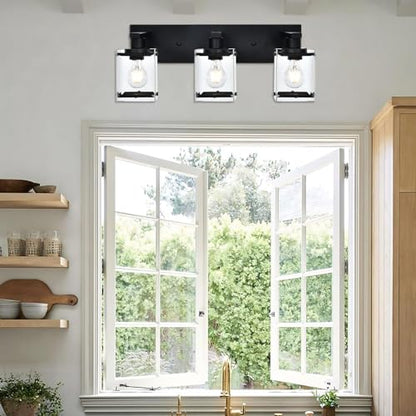 3-Light Black Bathroom Light Fixture Over Mirror, Vanity Wall Lighting with Rectangular Clear Glass, E26 Bulb Base - color: Black, Clear Glass, size: 3-Lights