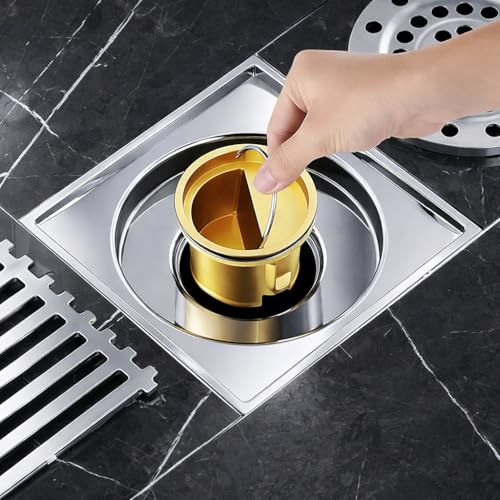 Xportix Square Floor Drain with Backflow Preventer, 4x4 inch, 304 Stainless Steel, for Kitchen Bathroom Balcony Backyard, Silver Chrome with Brass Core 007