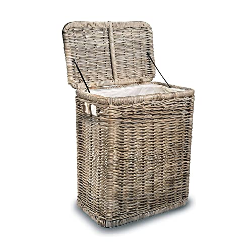 The Basket Lady Narrow Kubu Wicker Rectangular Laundry Hamper, Serene Grey | Outside: 21" L x 13" W x 24" H, 2.7 cu-ft capacity, Removable fabric liner, Handcrafted, Fully-assembled, Natural rattan - color: Serene Grey