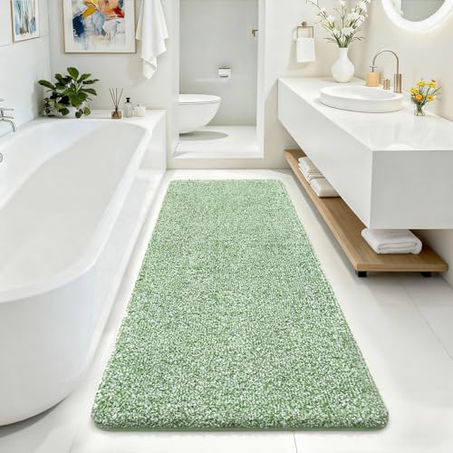 ISEAU Bathroom Rugs 24x70,Super Absorbent Microfiber Bath Mat,Green/White | Large Bath Mat,Non-Slip Long Shower Rug with TPR Backing, Thick Plush Machine Washable Bathmat for Bathrooms - color: Green/White, size: 24" X 70"