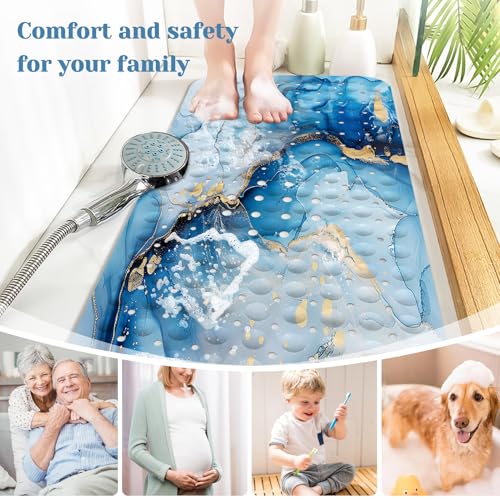 Marble Bath Tub Mat Non Slip, Blue Marble Non Slip Bath Mat for Shower, Large Washable Shower mats for Showers with Drain Holes and Suction Cups,40 X 16 Inch - color: Blue Marble