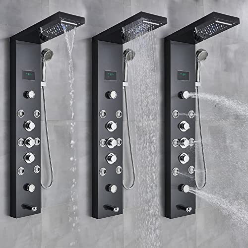 LED Rain Shower Panel Tower System Rainfall Waterfall Massage Body Jets Kit Faucet Black A
