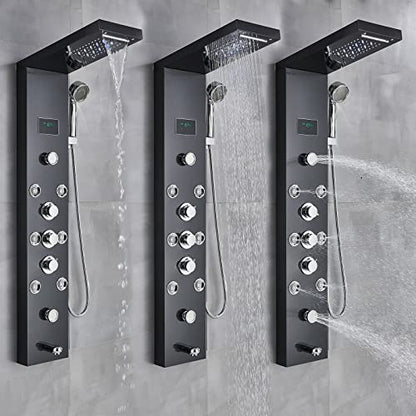 LED Rain Shower Panel Tower System Rainfall Waterfall Massage Body Jets Kit Faucet Black A