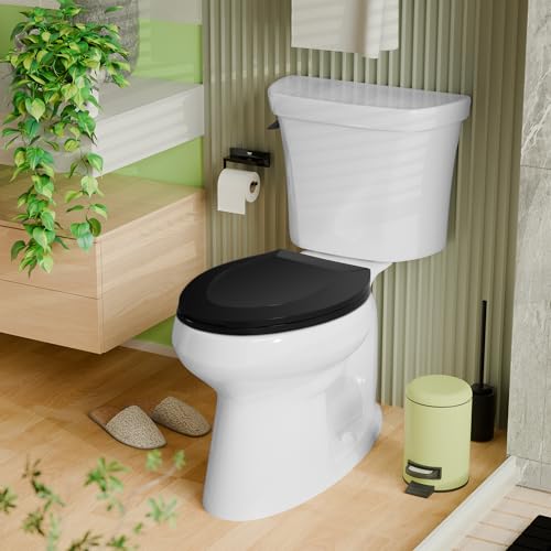 Angol Shiold Elongated Toilet Seat - Slow Close Hinges, Ergonomic Design with Grip-Tight Bumpers, Safe Easy-Clean PP Material (Black, 18.5" Elongated) - color: Black, size: Elongated 18.5‘’