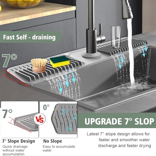 24-Inch Kitchen Sink Splash Guard Mat | 7° Slope for Fast Self-Draining | Snap-Lock Design | Universal & Cuttable Silicone Faucet Mat Gray - color: Gray, size: 24" x 5.5"