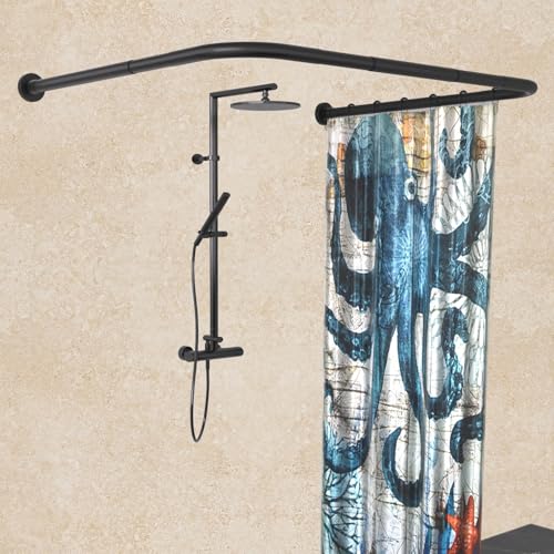 U Shaped Shower Curtain Rod (Both sides: 31.5"-47", Middle: 34.7"-43") Adjustable Genuine 304 Stainless Bathroom Bathtub Shower Curtain Rod Rack with 12 Shower Curtain Rings - Black - color: U Shaped Black, Length on both sides: 31.5"-47",Middle width:34.