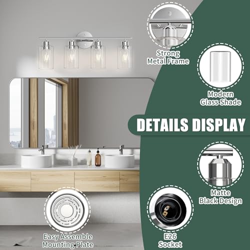 Bathroom Vanity Light Fixtures Polished Chrome,4 Lights Rustic Farmhouse Vanity Bar Lighting Over Mirror Modern Industrial Wall Sconces Lamp with Cylinder Glass Shade - color: Polished Chrome, size: 4 Lights