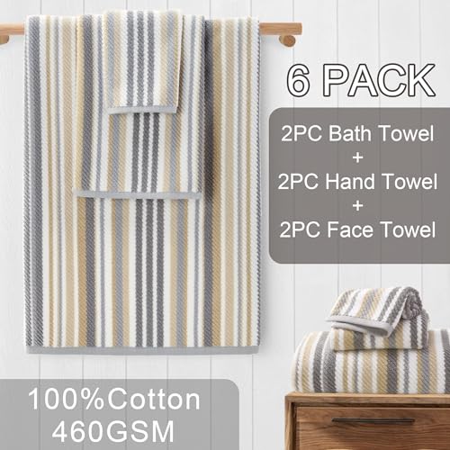 VOOVA & MOVAS Striped Towels 6 Pack, 100% Cotton, Gray Beige | All-Around Bathroom Use, Available in 13x13, 16x27, 28x52 In, Quick Dry, Soft, Absorbent, Bath Towels with Hanging Loops - color: Beige + Gray Striped, size: 6 PCS Bathroom Towels