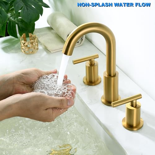 Brushed Brass Bathroom Faucet 3 Hole with Pop Up Drain with Over Flow and Supply Hose, Stainless Steel 8 in Widespread Gold Bathroom Sink Faucet, ChiLDano 2 Handle Gold Bathroom Faucet CH2183BBG - color: Brushed Brass