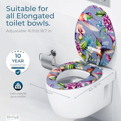SANILO Wooden Toilet Seat with Soft Close [ELONGATED] - Decorative, Quiet & Slow Close Molded Wood Seat - With Strong Bumpers & Hinges - Adjustable Fit - Hummingbird - color: Hummingbird