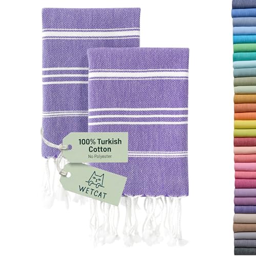 WETCAT Turkish Hand Towels with Hanging Loop, Set of 2 (20" x 30") 100% Turkish Cotton, Pre-Washed, Quick Drying, for Kitchen or Bathroom - Dark Purple - color: Dark Purple