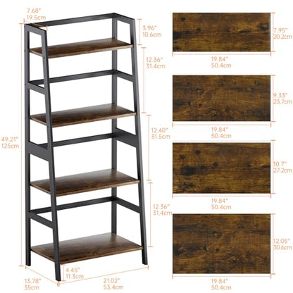 HITNET Ladder Shelf, 4 Tier Bookshelf with Bamboo Frame, Freestanding Bathroom Storage Shelving Unit for Living Room, Home Office, Bedroom, Rustic Brown and Black - color: Rustic Brown and Black