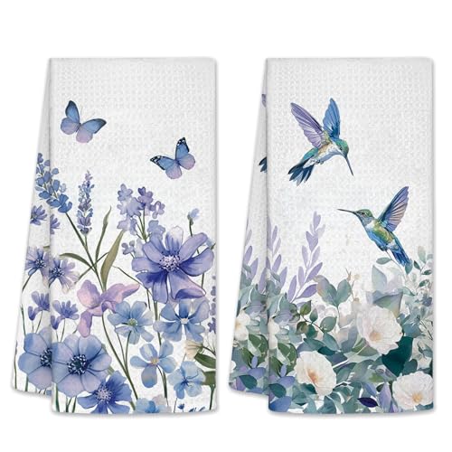 Hummingbird Butterfly Kitchen Towels, Floral Hand Towels for Bathroom, Blue Floral Bath Towels, Hummingbird Decor, Waffle Dish Towels for Christmas Thanksgiving Day 26x17 inch, 2 Pack - color: Flower-blue