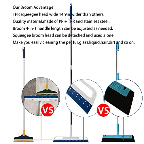 Multifunction Rubber Air Broom, Silicone Broom with 56" Long Handle, 4 in 1 Rubber Squeegee Sweeper for Floor Bathroom Kitchen Shower Tile Pet Hair Fur Marble Glass Water Window Foam Cleaning (Blue) - color: Blue