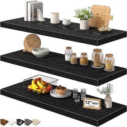 QEEIG 12" Deep Floating Shelves for Wall - 12 x 36 inch Book Shelf Bathroom Bedroom Kitchen Living Room Hanging Bookshelf Farmhouse Set of 3, Black (026-90B3) - color: B. Black, size: 35.4" x 12"