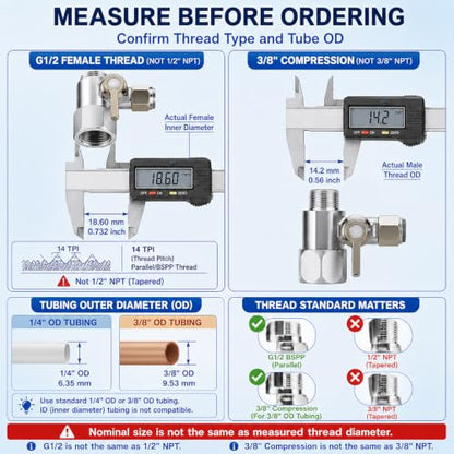 Jingzan Feed Water Adapter Kit, G1/2 Female x 3/8" Compression Male x 1/4" Push-to-Connect, with 3/8" Compression Female to G1/2 Male and 1/4" to 3/8" OD Tube Adapter, for RO, Refrigerator, Ice Maker