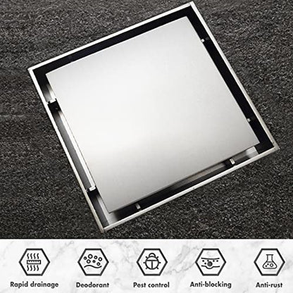 Micmi 6 Inch Shower Floor Drain with Adjustable Quadrato Pattern Grate, 304 Stainless Steel, PVC Shower Drain Base, Rubber Gasket, Hair Strainer (1 Pack, Brushed Nickel, 6 in Tiled with Flange) - size: 6 IN Tiled with Flange