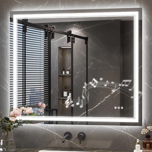 Keonjinn 42 x 36 Inch Lighted Mirrors for Bathroom Wall, Bluetooth Speaker | Frontlit & Backlit LED Bathroom Mirror, Tempered Glass, 3000K/4500K/6000K, Stepless Dimmable, Fast & Safe Defogging, CRI90+ - size: 36"L x 42"W