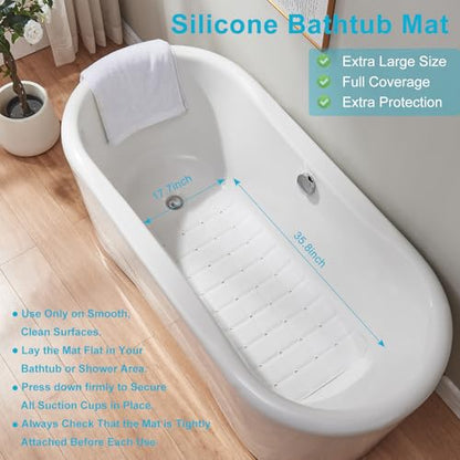 Webos Non-Slip Bath Mat for Tub & Shower：Silicone Foldable Bathtub Mat with Strong Suction Cups, Quick Drain Holes, Machine Washable Extra Large Bathroom Mats 35.8" x 17.7", White - color: White, size: 35.8" x 17.7" (Rectangular)